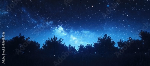 3D cartoon visualization of a dark blue night sky filled with stars above a landscape of trees with a Milky Way cosmos backdrop