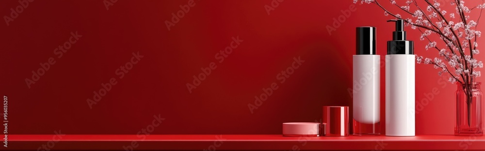 Cosmetics displayed against a red backdrop 3D rendering design Cosmetics displayed against a red backdrop 3D rendering design