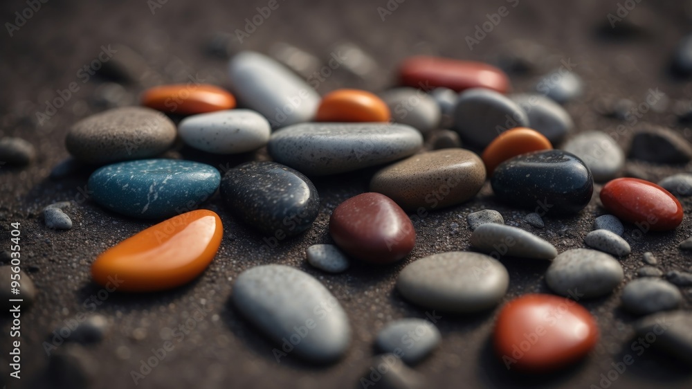 Various smooth pebbles on rough dark sand with large stone in focus. Various smooth pebbles on rough dark sand with large stone in focus.