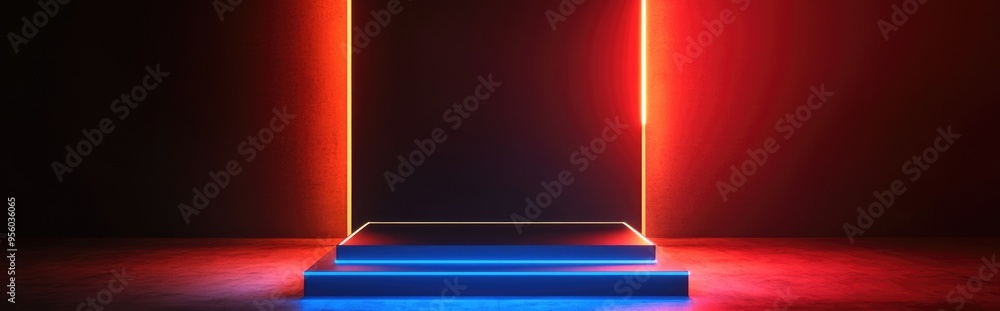 Presentation stand featuring a blank black surface with a gold decorative frame and two block steps 3D rendering Suitable for advertising illustrations Presentation stand featuring a blank black surface with a gold decorative frame and two block steps 3D rendering Suitable for advertising illustrations