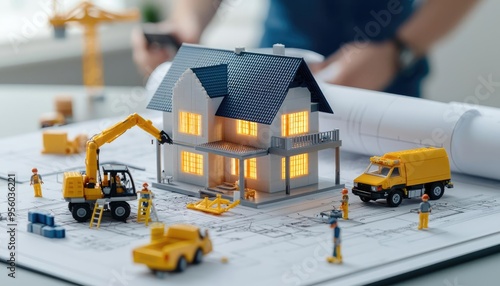 Architectural plans with blueprints and models, detailed and precise tones, space for text