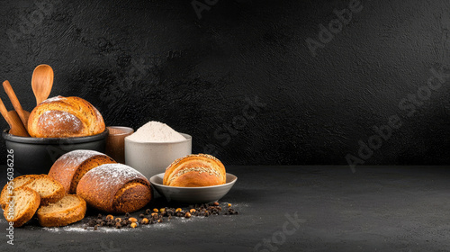 Baking processes with ingredients and ovens, creative and flavorful tones, space for text