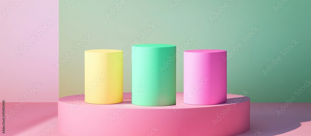 Three colorful cylinders in green pink and yellow on a minimalist podium against a simple background 3D rendering Three colorful cylinders in green pink and yellow on a minimalist podium against a simple background 3D rendering