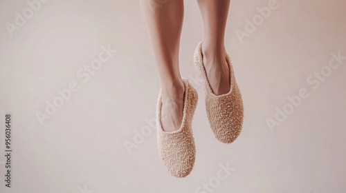 Advertising image of a ballerina s feet in mid jump adorned with cozy slippers on a white backdrop The slippers feature a distinctive patterned fabric photo