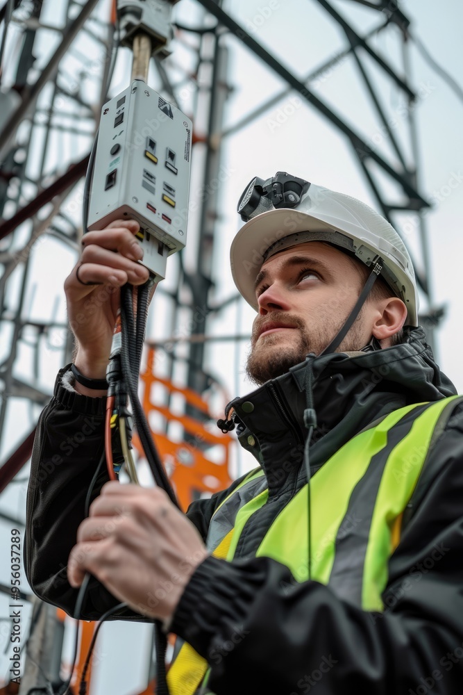 Obraz premium Helmeted male engineer works in the field with a telecommunication tower that controls electrical installations to inspect and maintain networks installed on high-rise buildings ,generative ai