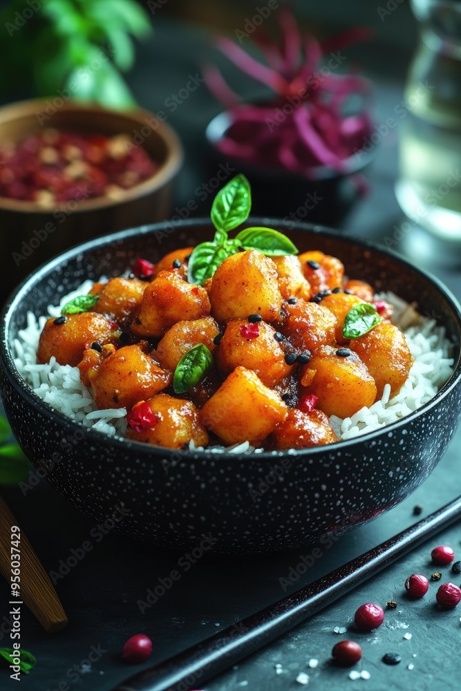 A close-up of a bowl of rice topped with sweet potatoes. This image is perfect for illustrating recipes, food blogs, and articles about healthy eating. A close-up of a bowl of rice topped with sweet potatoes. This image is perfect for illustrating recipes, food blogs, and articles about healthy eating.