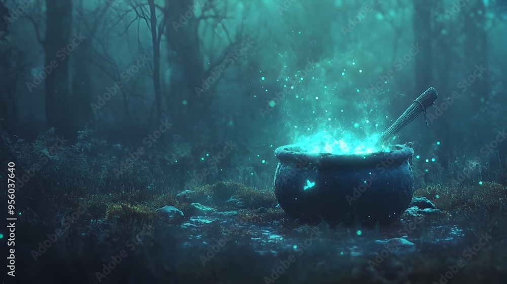 Mysterious Bubbling Cauldron of Glowing Elixir in Occult Ritual Setting Mysterious Bubbling Cauldron of Glowing Elixir in Occult Ritual Setting