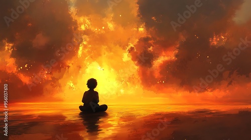 A child in deep prayer at sunset, surrounded by the warm and calming colors of the evening sky