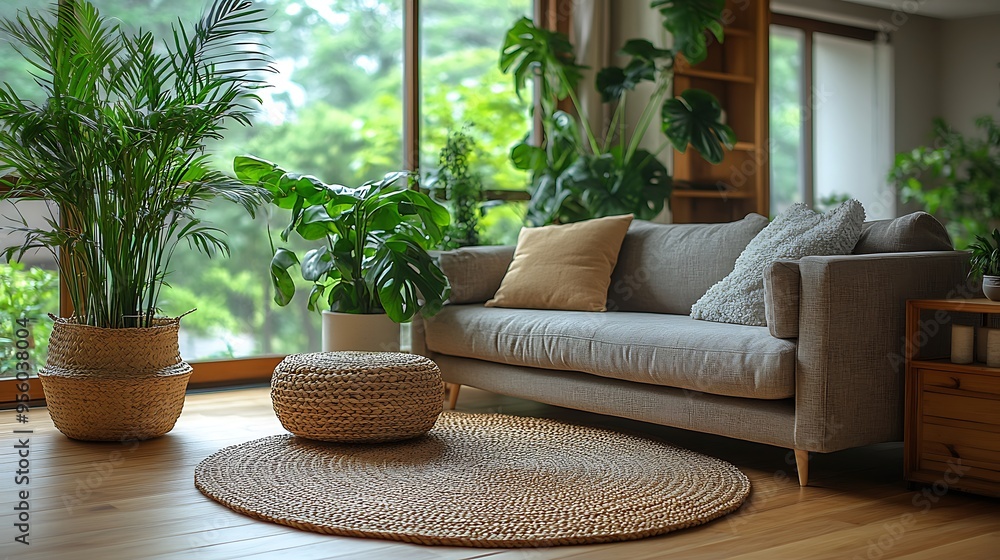 Scandinavian living room with indoor plants, potted greenery in sleek ceramic pots, light wood accents, neutral tones, large windows providing natural light, cozy and fresh atmosphere, Scandinavian living room with indoor plants, potted greenery in sleek ceramic pots, light wood accents, neutral tones, large windows providing natural light, cozy and fresh atmosphere,