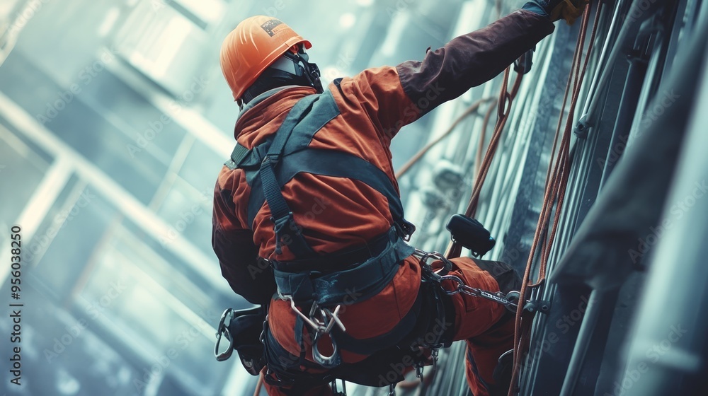 back view of Employee working at height with safety equipment,generative ai back view of Employee working at height with safety equipment,generative ai