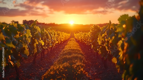 A vineyard at sunset, with the sun casting a golden glow over the grapevines, the sky filled with warm orange and pink hues, creating long shadows and a serene ambiance, HD quality, cinematic style, photo