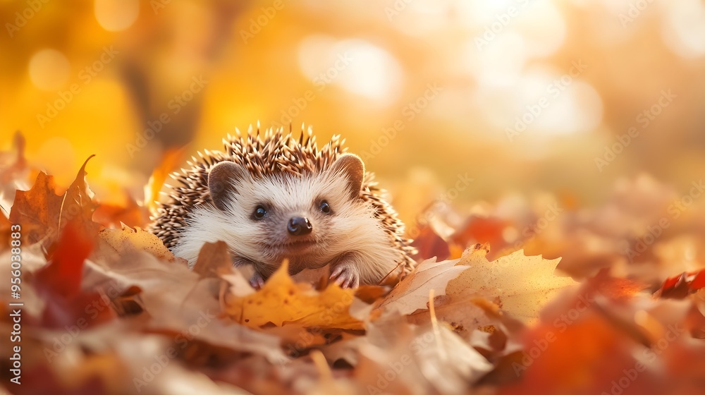 Cozy Hedgehog Nestled in an Autumn Leaf Bed with Warm Lighting Cozy Hedgehog Nestled in an Autumn Leaf Bed with Warm Lighting