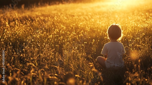A serene image of a child praying at the edge of a field, with the sun setting and casting long shadows