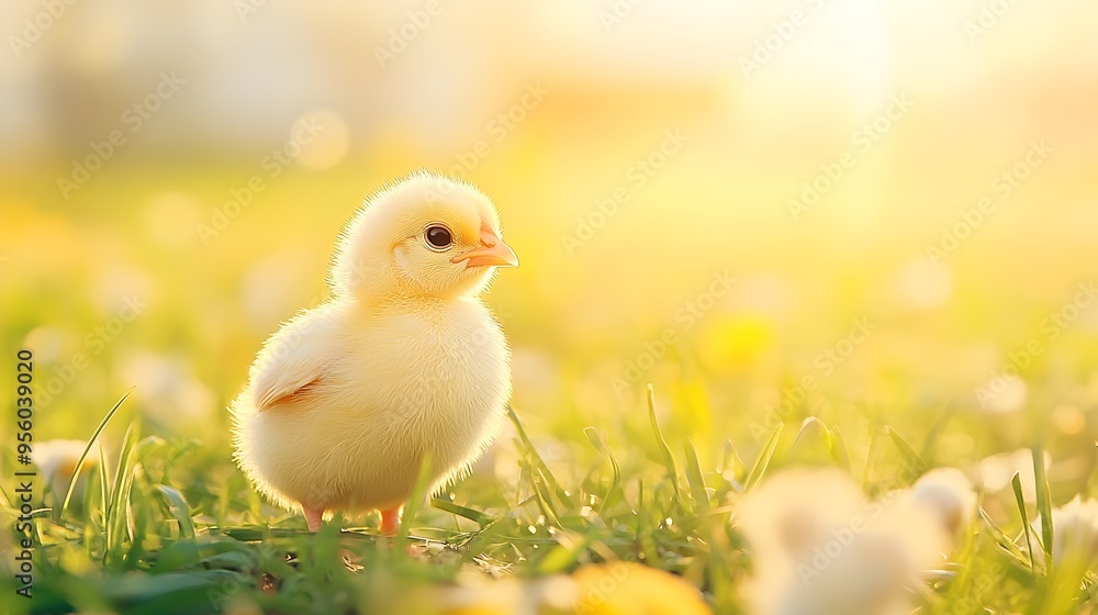 Curious Baby Chick Exploring Sunlit Farmyard with Fresh Green Grass Curious Baby Chick Exploring Sunlit Farmyard with Fresh Green Grass