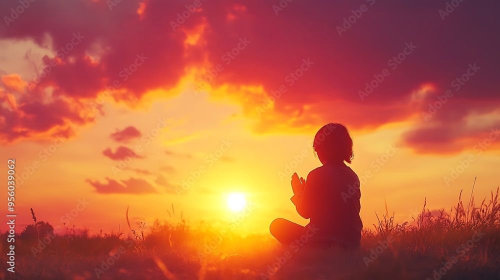 A young person kneeling in prayer as the sun sets, with the sky painted in hues of orange, pink, and purple