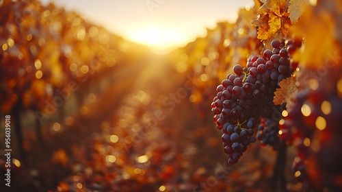 A vineyard in autumn, with grapevines displaying a rich palette of red, orange, and yellow leaves, the scene illuminated by the golden light of late afternoon, photo