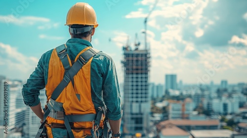 back view of Employee working at height with safety equipment,generative ai