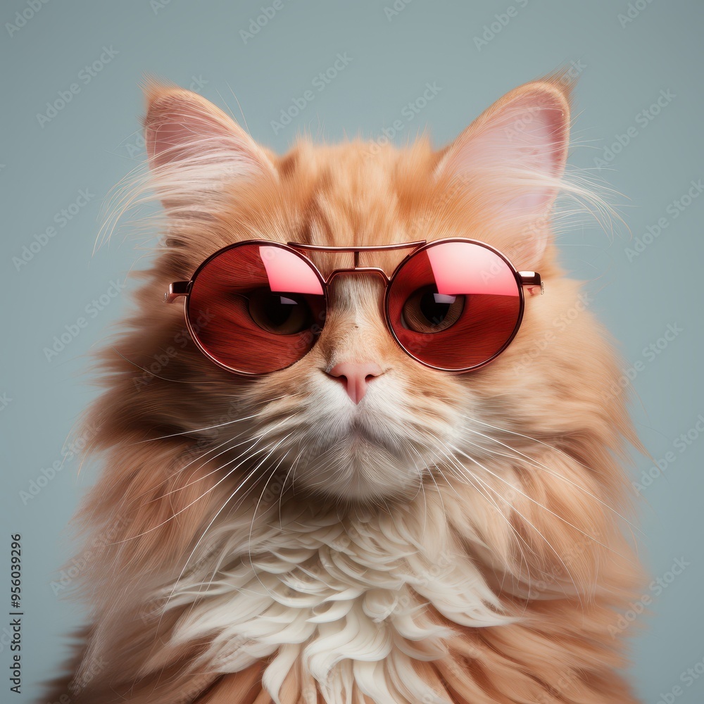 A stylish orange cat wearing trendy red sunglasses, showcasing a cool and fashionable demeanor against a soft blue background. A stylish orange cat wearing trendy red sunglasses, showcasing a cool and fashionable demeanor against a soft blue background.