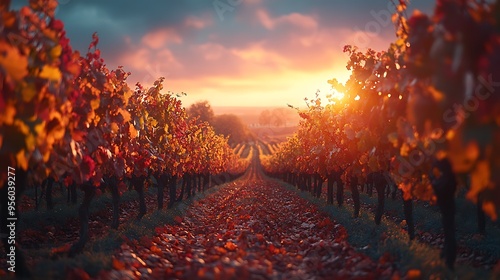 A vineyard in late autumn, with most leaves fallen, the remaining few in shades of red and yellow clinging to the vines, the landscape quiet and still under soft, fading sunlight, cinematic quality, photo