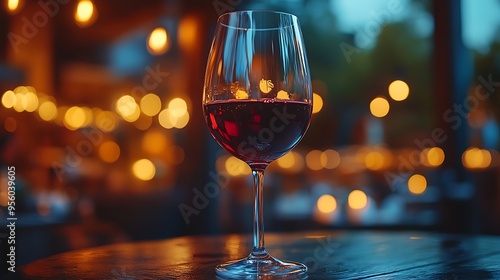 A wine glass being swirled by a hand, the deep red wine reflecting the soft ambient light, with a blurred tasting room in the background, capturing the sophistication and elegance of wine tasting, photo