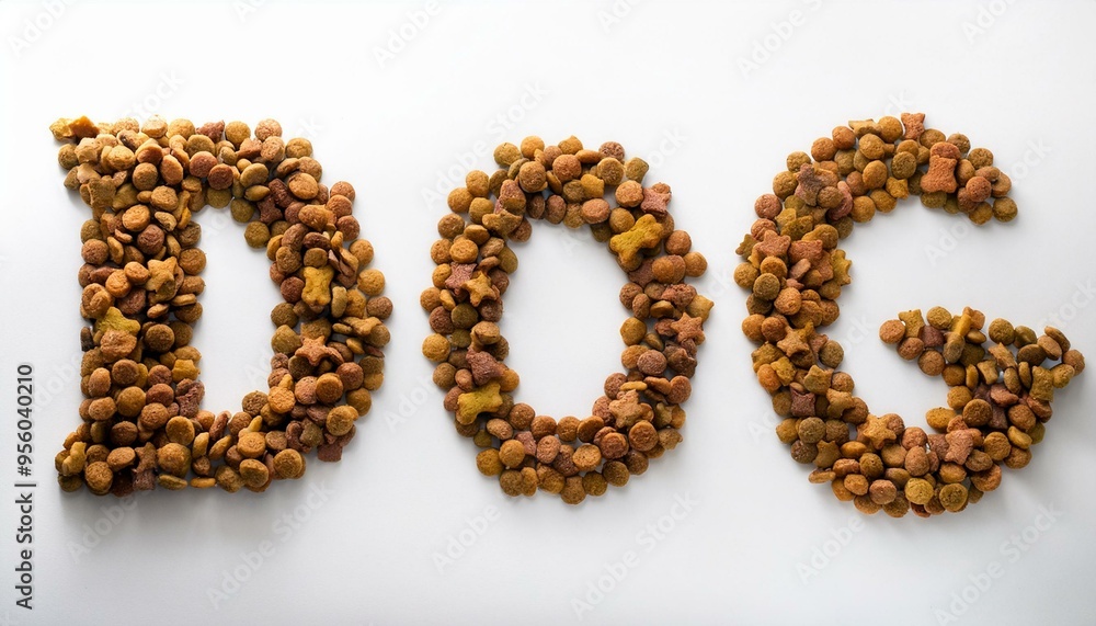 Dry food in shape word dog isolated on white background, top view Dry food in shape word dog isolated on white background, top view