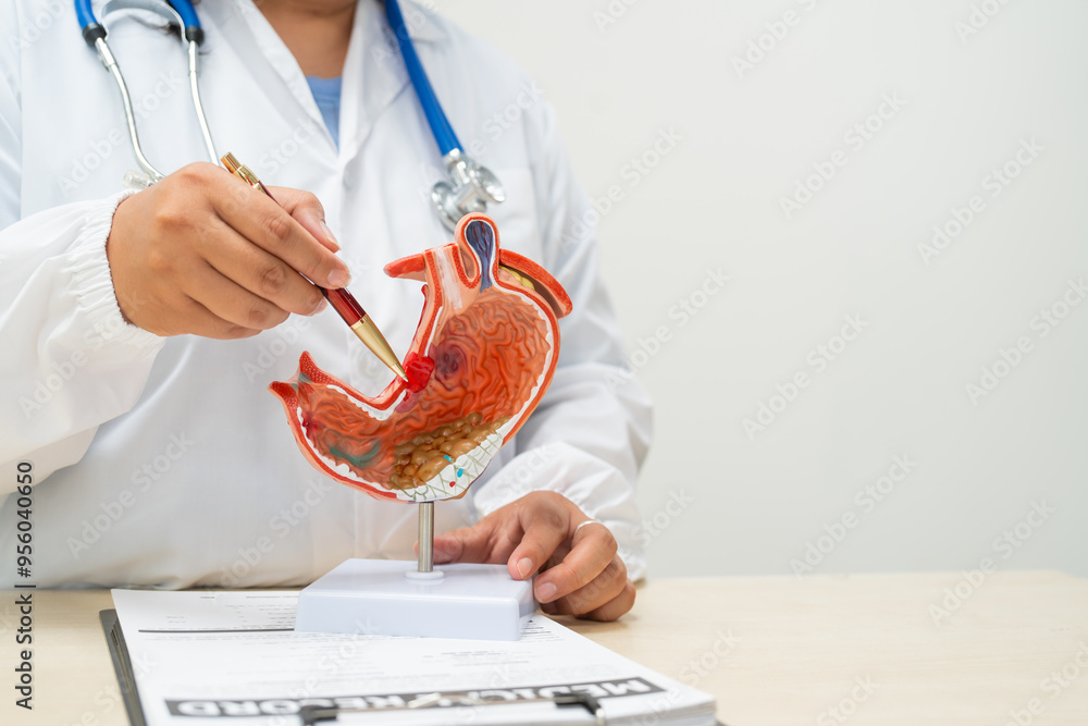 A female doctor a hospital desk discussing digestive disorders such as