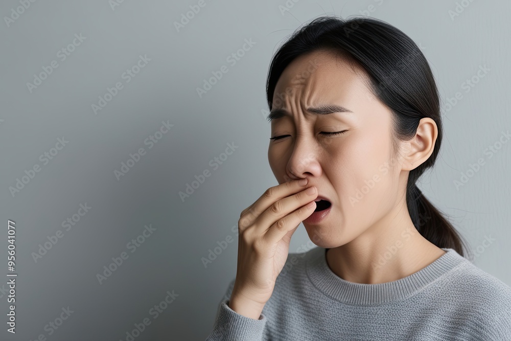 Close-up of Female Asian Experiencing Coughing Flu Symptoms on a Minimalistic Background Close-up of Female Asian Experiencing Coughing Flu Symptoms on a Minimalistic Background