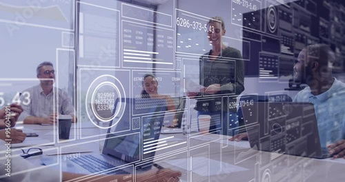 Business meeting with diverse team and data processing animation over office setting