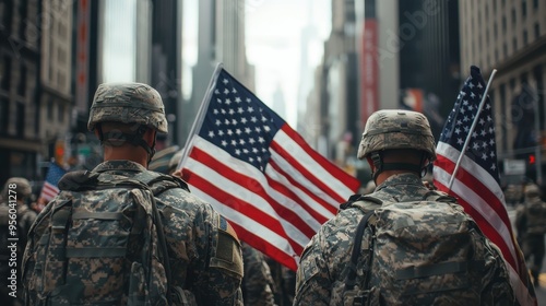 2h A group of american soldiers in the street, carrying american flags 