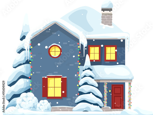 Christmas house facade in snow for winter holiday, cartoon vector building. Winter town home exterior with snow on chimney and icicles on roof, Christmas lights garland on porch and snowy fir trees