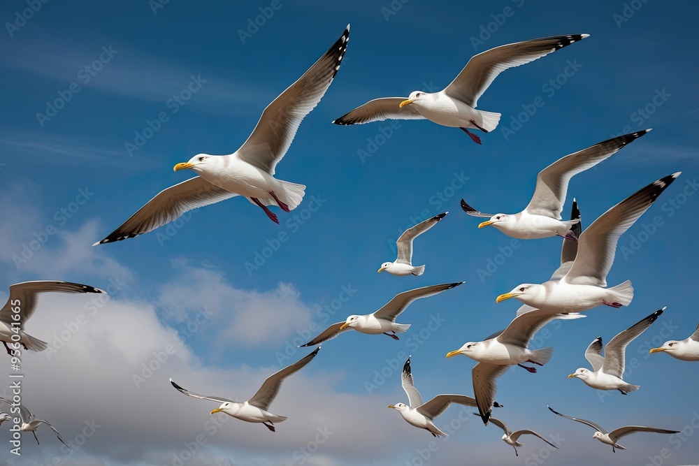 Seagulls in Flight Against a Clear Blue Sky Seagulls in Flight Against a Clear Blue Sky