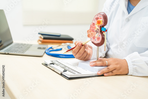  A female doctor works at a desk in a hospital, discussing kidney failure and chronic kidney disease. She explains how kidney dysfunction leads to fluid imbalance, waste accumulation, other health photo