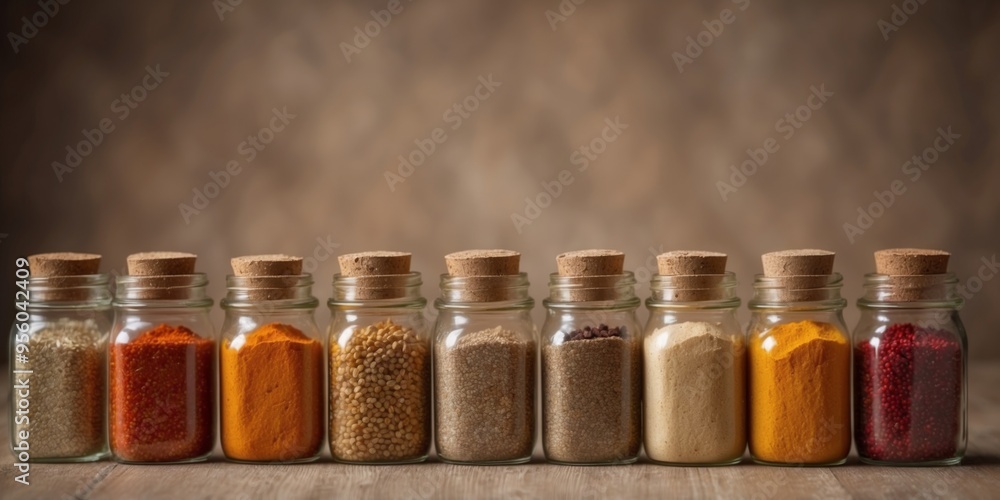 Variety of spices in burlap sacks and glass jars. Variety of spices in burlap sacks and glass jars.