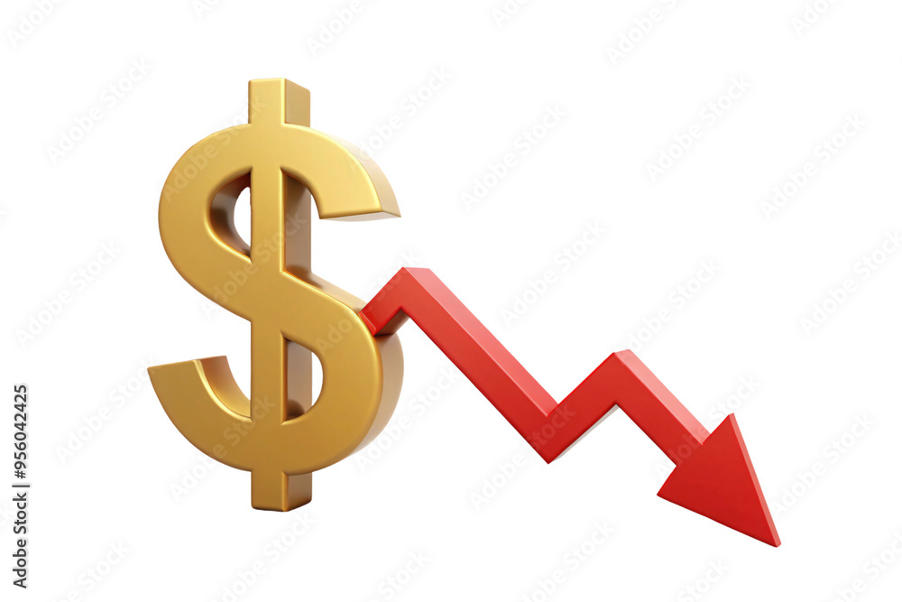 A large gold dollar sign with a red arrow pointing downwards, indicating a decline in financial value or economic loss, isolated on a transparent background A large gold dollar sign with a red arrow pointing downwards, indicating a decline in financial value or economic loss, isolated on a transparent background