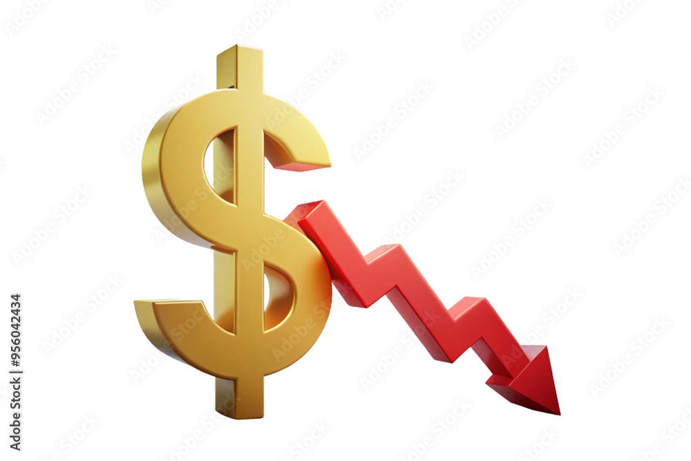 A large gold dollar sign with a red arrow pointing downward isolated on a transparent background, symbolizing a decline in financial value, economic downturn, or loss A large gold dollar sign with a red arrow pointing downward isolated on a transparent background, symbolizing a decline in financial value, economic downturn, or loss