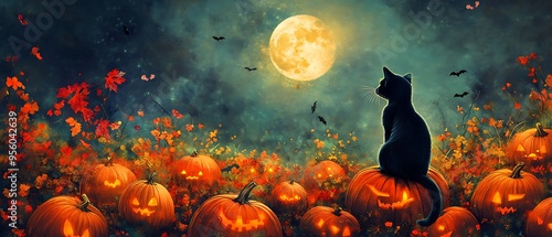 A black cat sitting calmly in the middle of a pumpkin patch, with the full moon shining brightly above, creating a perfect Halloween scene