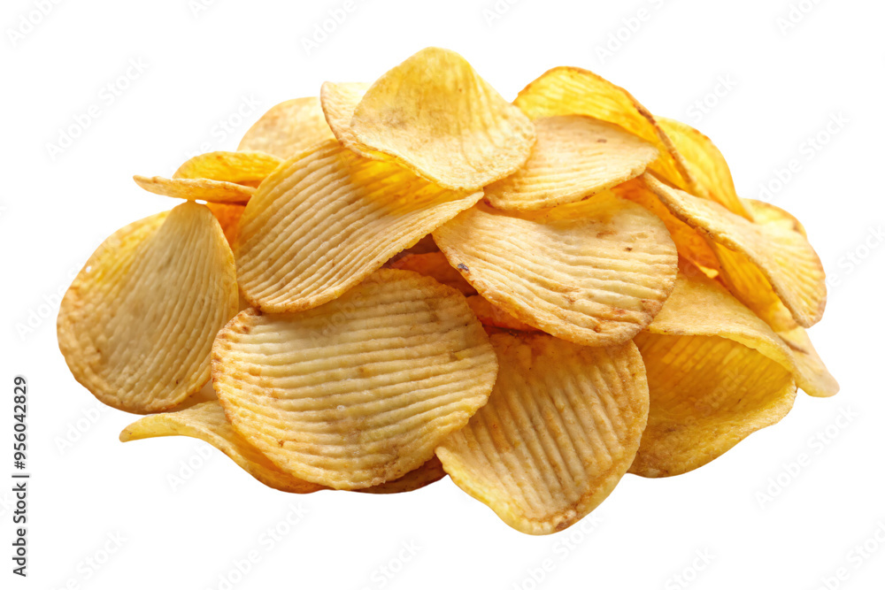 A mound of ridged potato chips, isolated on a transparent background. The chips are slightly different in shape and texture, maintaining the same golden appearance A mound of ridged potato chips, isolated on a transparent background. The chips are slightly different in shape and texture, maintaining the same golden appearance