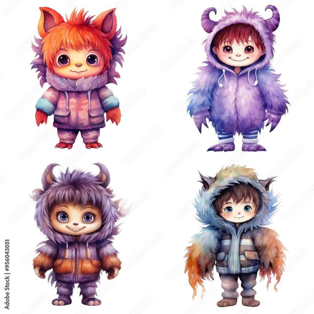 Four Cute Cartoon Monster Characters in Watercolor Style Four Cute Cartoon Monster Characters in Watercolor Style