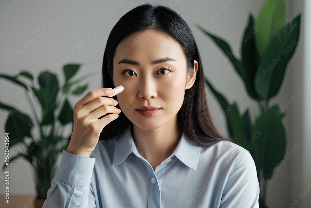 Young Asian Female Taking Pill Capsule for Stomach Pain and Headaches as Part of Self-Care and Recovery Young Asian Female Taking Pill Capsule for Stomach Pain and Headaches as Part of Self-Care and Recovery