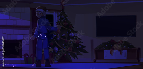Burglar man near Christmas tree in living room. Home interior background and thief near brick fireplace scene. Robber back character inside decorated apartment with xmas present with scattered lights