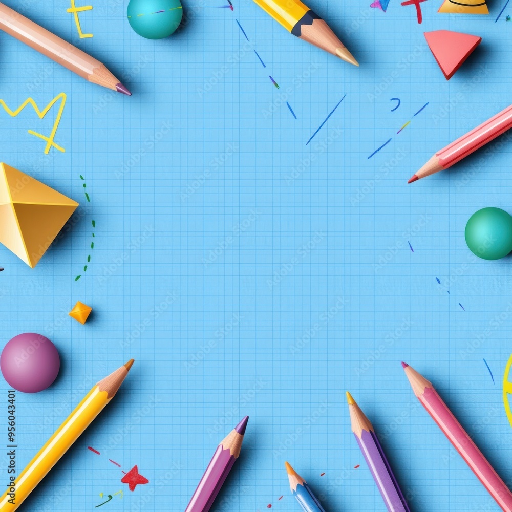 Blue Grid Paper with Colored Pencils and Shapes Illustration