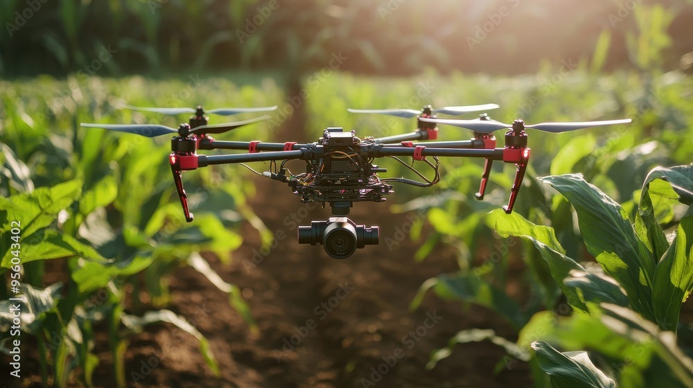 Drone Flying Over a Field of Green Crops Drone Flying Over a Field of Green Crops