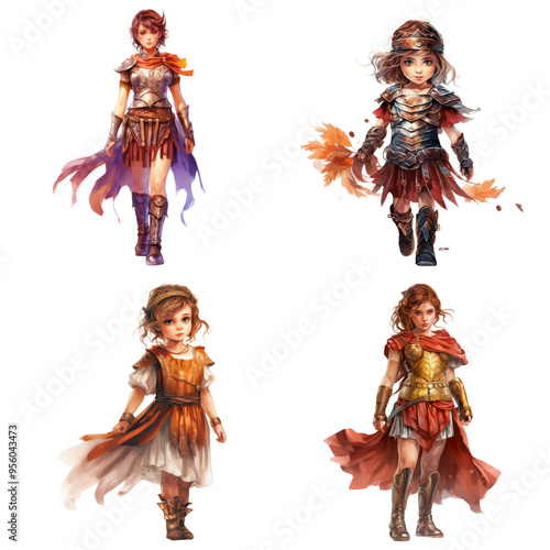 Four Young Female Warriors in Various Armor and Dresses