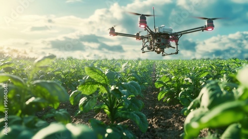 A drone flying over a vast capturing data and monitoring crop health across the aligned rows of plants. photo