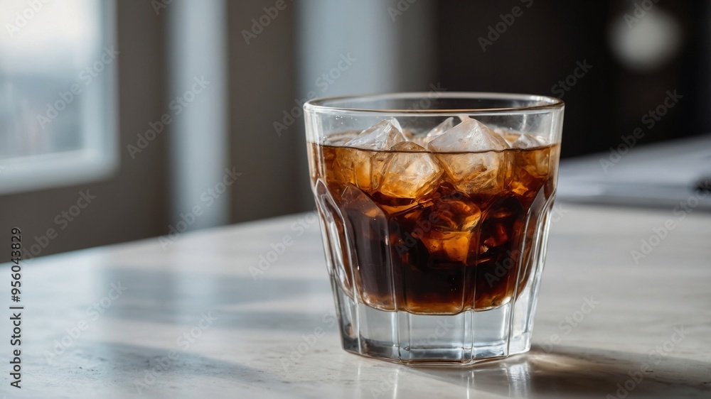 Coffee with ice in a crystal glass on the white table in natural light. Coffee with ice in a crystal glass on the white table in natural light.