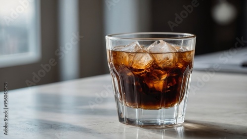 Coffee with ice in a crystal glass on the white table in natural light.