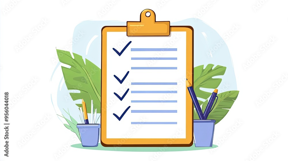 Clipboard with checklist, pencils, and plants Clipboard with checklist, pencils, and plants