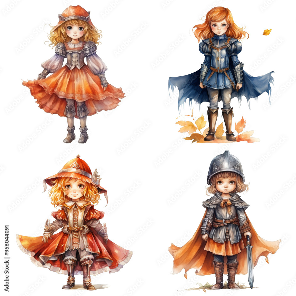 Fototapeta premium Four Watercolor Illustrations of Young Girls in Fantasy Costumes