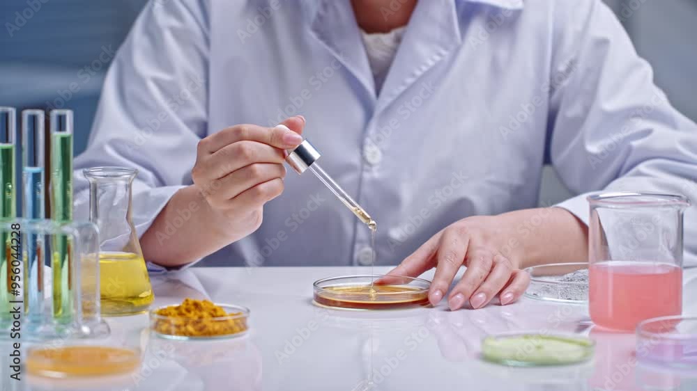 Laboratory background with image of scientist pouring solution from a pipette into a transparent petri dish, surrounded by glass laboratory equipment and experimental materials. Minimalist design. Laboratory background with image of scientist pouring solution from a pipette into a transparent petri dish, surrounded by glass laboratory equipment and experimental materials. Minimalist design.