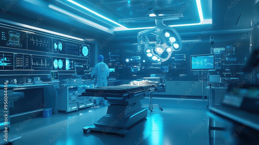 Modern Operating Room with Surgical Equipment and Doctor Modern Operating Room with Surgical Equipment and Doctor